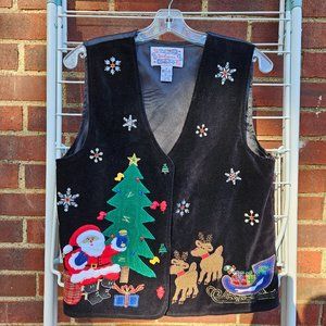 Tantrums black vest christmas  tree reindeer santa sleigh velour front Sz Small